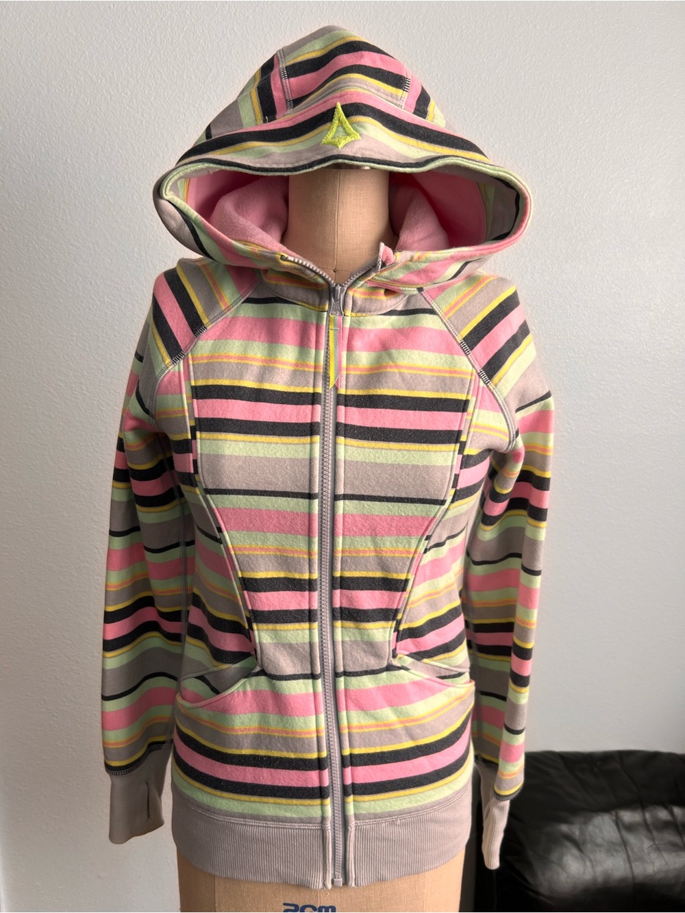 Ivivva Striped Hooded Zip Jacket in Pink, Yellow, Black & Gray
